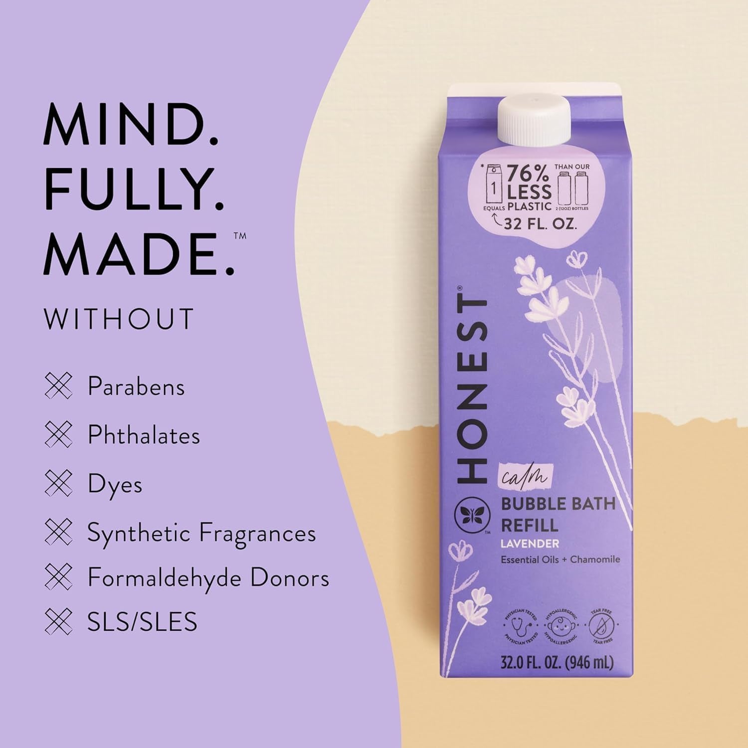 The Honest Company Foaming Bubble Bath Refill, Lavender Calm Scent, Tear-Free, Hypoallergenic, Naturally Derived, Gentle for Baby, 32 Fl Oz