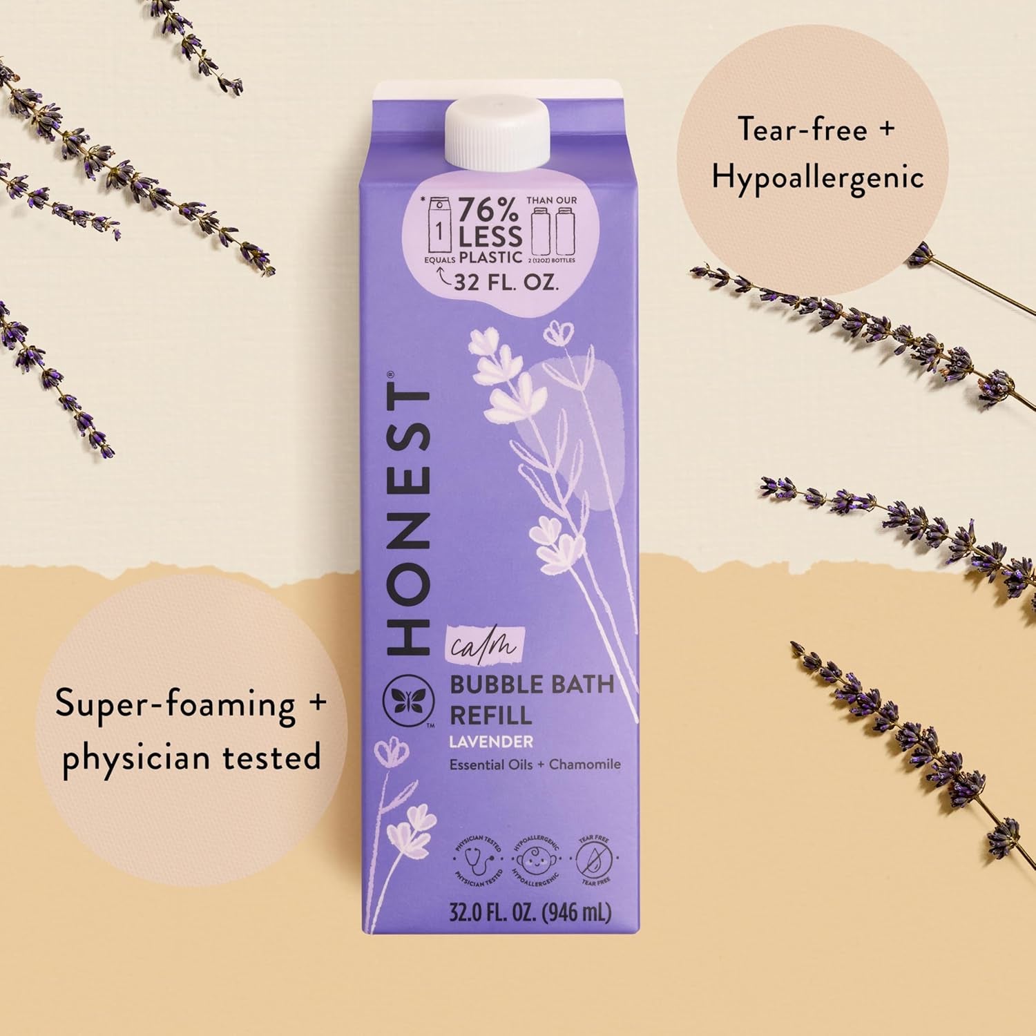 The Honest Company Foaming Bubble Bath Refill, Lavender Calm Scent, Tear-Free, Hypoallergenic, Naturally Derived, Gentle for Baby, 32 Fl Oz
